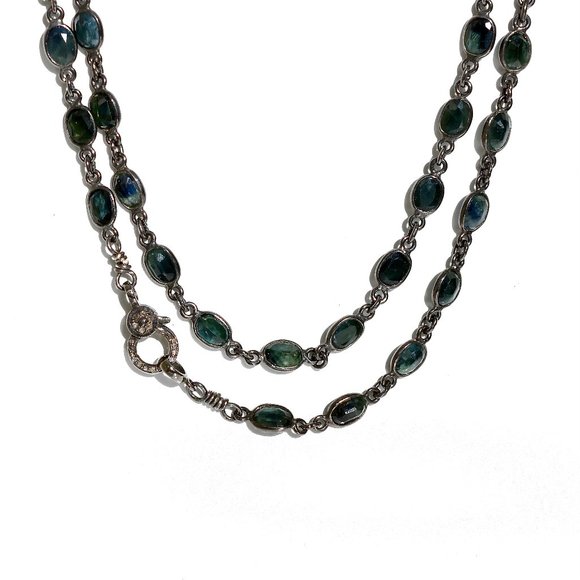 925 Silver Diamond and Faceted Natural Sapphire Long Necklace - Picture 4 of 6